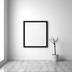 Fototapeta na wymiar Square Black Frame Mock Up for Art, Photos, and Posters, on White Wall with Modern Accessories - Generative AI
