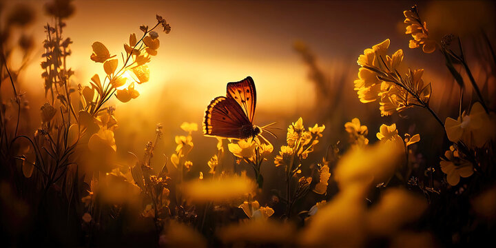 Close-up photography of butterfly and garden flowers at sunset made with generative AI
