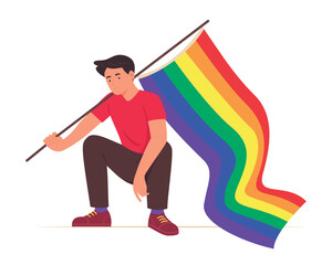 Gay Man Holding a Rainbow Flag for the Pride Concept Illustration