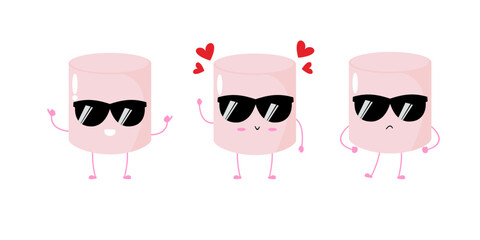 Vector illustration of marshmallow character with various cute expression, cool, set of marshmallow isolated on white background, simple minimal style, cute for mascot collection, emoticon, sunglasses