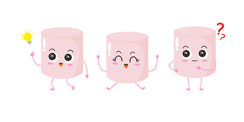 Vector illustration of marshmallow character with various cute expression, cool, set of 3 marshmallow isolated on white background, simple minimal style, cute for mascot collection, emoticon, funny
