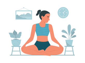 Obraz na płótnie Canvas Woman Practicing Yoga Meditation at Home