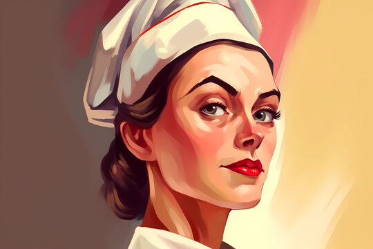 painting illustration of imperious woman chef