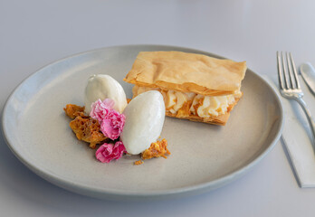 Filo with chantilly cream and vanilla ice cream