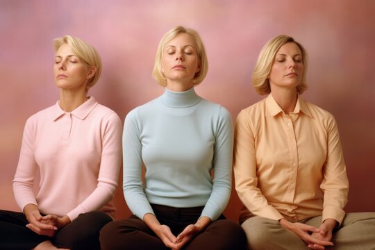 Three women meditating in lotus position on a pink background.