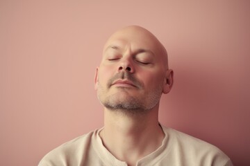 Fototapeta premium Portrait of a bald man with closed eyes on a pink background