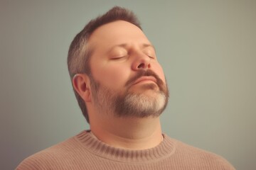 Portrait of a bearded man with closed eyes on a gray background