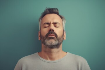 Handsome bearded man with closed eyes on a green background.