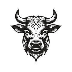 angry zebu, vintage logo line art concept black and white color, hand drawn illustration