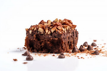 Chocolate cake with nuts on white background. AI Generative.