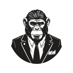 ape wearing suit, vintage logo line art concept black and white color, hand drawn illustration
