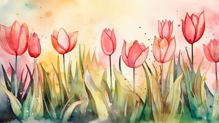 Watercolor tulips in spring. Image generative AI.