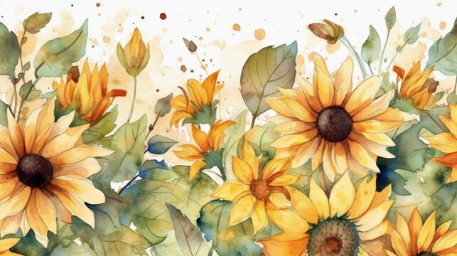 Watercolor of sunflowers field. Image Generative AI.
