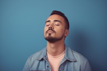 Fototapeta premium Portrait of a handsome young man with beard and mustache in a denim jacket on a blue background