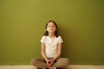 Little girl sitting in lotus position on green wall background. Meditation concept.