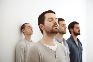 Fototapeta premium Portrait of young man with closed eyes and his friends in background