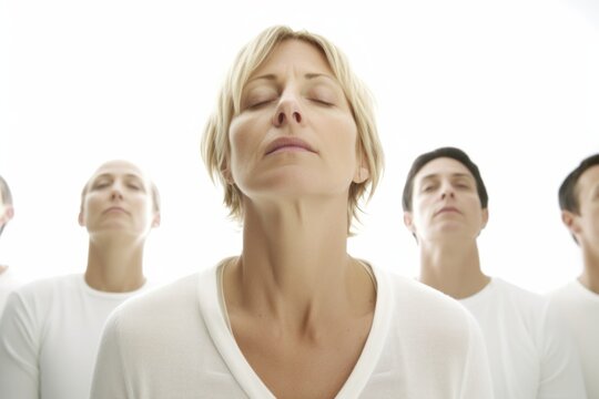 Group of young people on a white background. Focus on the woman