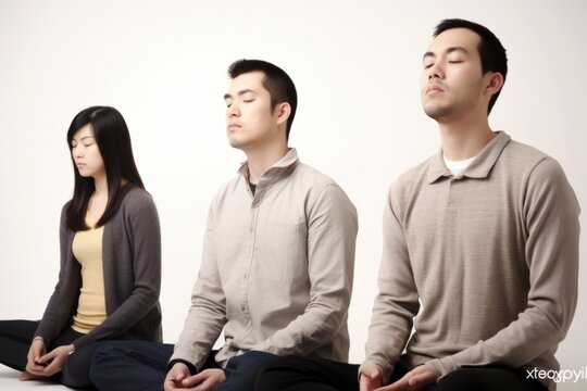 A group of asian people practicing yoga isolated on a white background