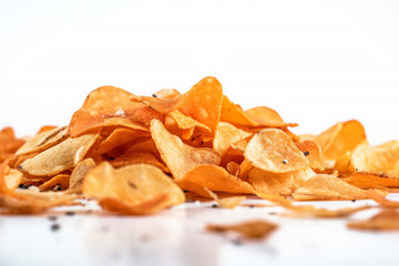 Crispy potato chips on a white background