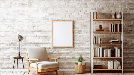 Blank Wood Photo Frame Mock Up for Art, Prints, and Photographs - White Brick Walls and Modern Furniture with Books in Background - Generative AI