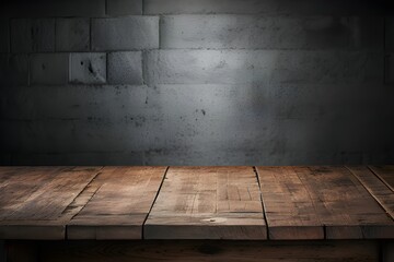 古い木のテーブルとぼやけたコンクリートブロックの壁