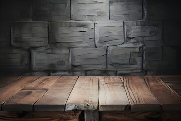 古い木のテーブルとぼやけたコンクリートブロックの壁