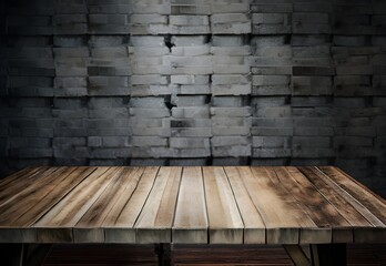 古い木のテーブルとぼやけたコンクリートブロックの壁