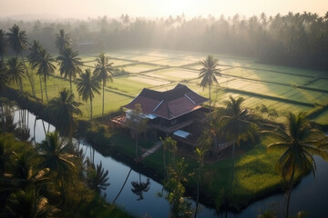 Aerial rice field with beautiful landsacpe and coconut tree wooden house farmers in foggy sunlight morning.