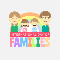 International Day Of Families greetings with a happy family in front of the rainbow
