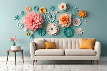 pastel color, 3d mural illustration wallpaper with flowers and circles in light gray background