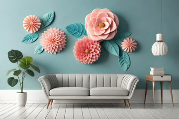 pastel color, 3d mural illustration wallpaper with flowers and circles in light gray background