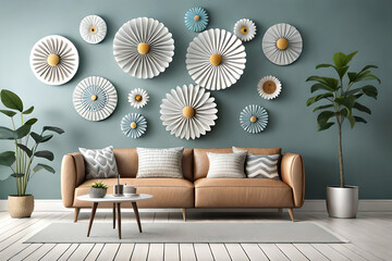 pastel color, 3d mural illustration wallpaper with flowers and circles in light gray background