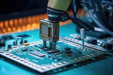 Automatic robot for print circuit board (PCB)assembly machine during soldering or welding part at factory.