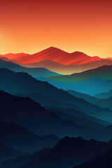 Aerial view, mountains under sunset.
