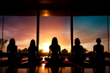 Fototapeta na wymiar Silhouette Group meditation in a yoga studio, Generative AI
