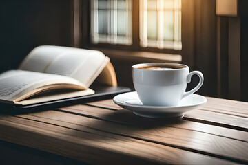 Photo a cup of coffee and a phone on a table with a flower vase next to it