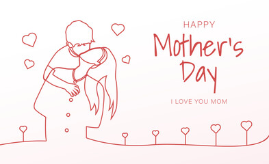 line drawing mother holding child behind, happy mother's day banner