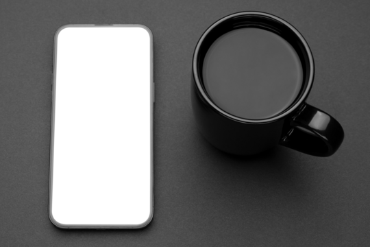 Mockup display. Mobile cell phone blank screen. Smartphone technology. Office workplace with cup of tea or coffee. Smart phone. Mock up device for application, website design project. Dark Background
