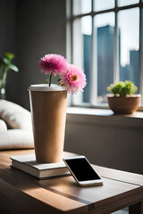 Photo a cup of coffee and a phone on a table with a flower vase next to it