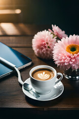 Photo a cup of coffee and a phone on a table with a flower vase next to it
