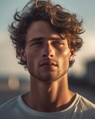 Handsome Young Man Near a Beach on a Summer Evening Outdoor Photorealistic Illustration [Generative AI]