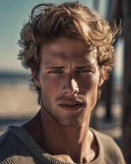 Serious Young Man on a Beach Outdoor Photorealistic Illustration [Generative AI]