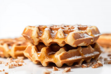 Waffles are topped with icing sugar and honey. AI Generative.