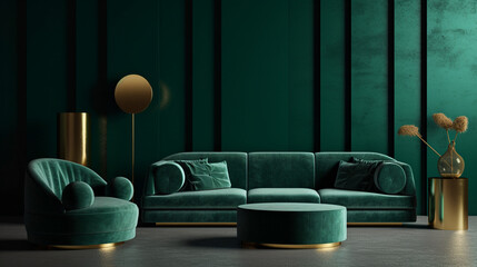 Luxurious Modern Art Deco Living Room Interior Design - Emerald Green with Suede Sofa and Gold Lighting - Generative AI