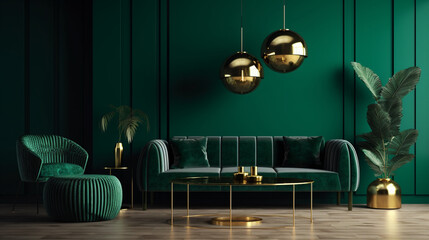 Luxurious Modern Art Deco Living Room Interior Design - Emerald Green with Suede Sofa and Gold Lighting - Generative AI