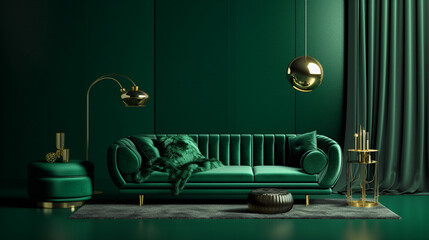 Luxurious Modern Art Deco Living Room Interior Design - Emerald Green with Suede Sofa and Gold Lighting - Generative AI
