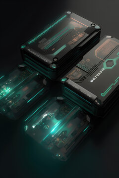 Cardback design for a cyberpunk trading card game, long symetric powerbars on the left and right sides and cpu in the middle, a battery, cartridge slot in the side.