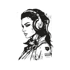 beautiful cyberpunk girl, vintage logo line art concept black and white color, hand drawn illustration