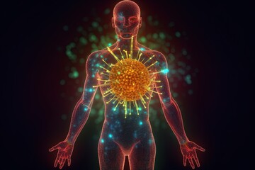 Immune system. A complex network of organs, cells and proteins that defends the body against infection, whilst protecting the body's own cells. Virus, healthy, medical, bacteria. Generative AI