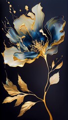 Beautiful golden flowers with black leaves isolated on a dark black background.